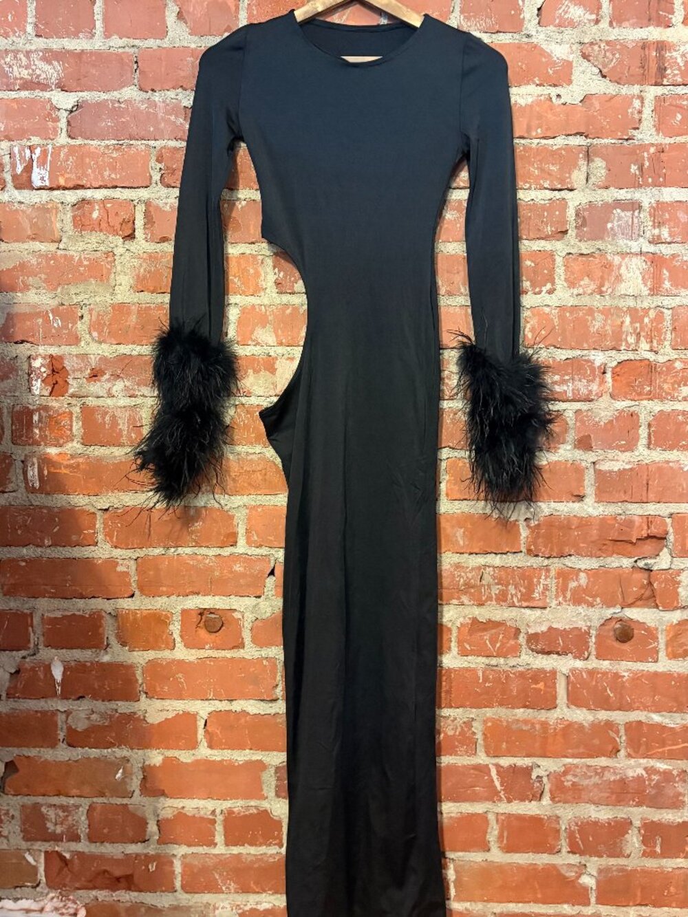Black Long Sleeve Cutout Maxi Dress with Feather Trim